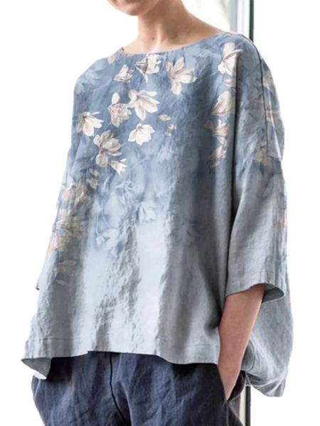 

Vintage Floral Crew Neck Three Quarter Sleeve Comfy T-shirt, As picture, Blouses