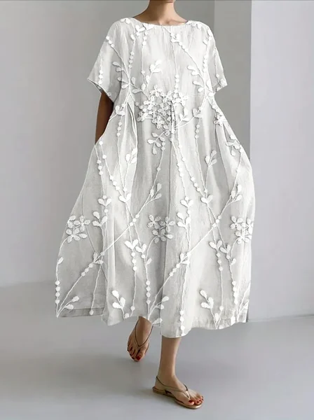 

Floral Regular Fit Crew Neck Casual Dress With No, White, Dresses
