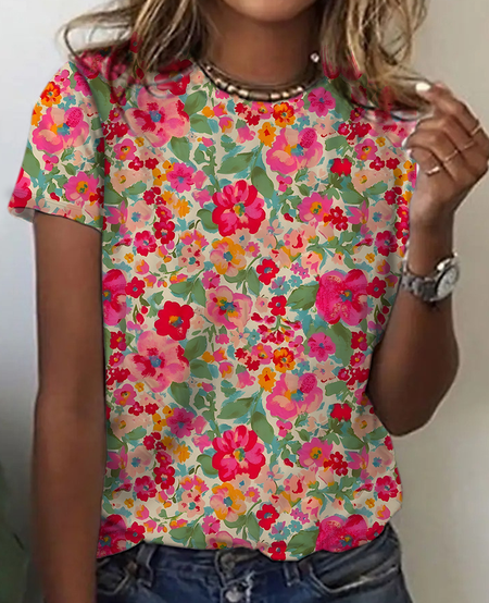 

Women's Art Floral Print Cotton T-Shirt, As picture, T-shirts