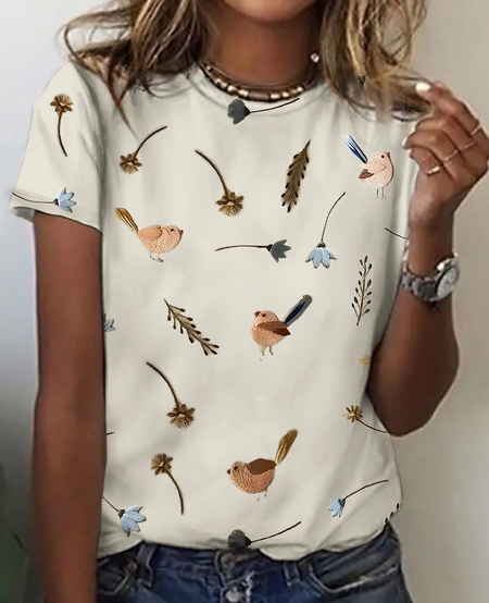 

Women's Vintage Bird Floral Print Cotton T-Shirt, As picture, T-shirts