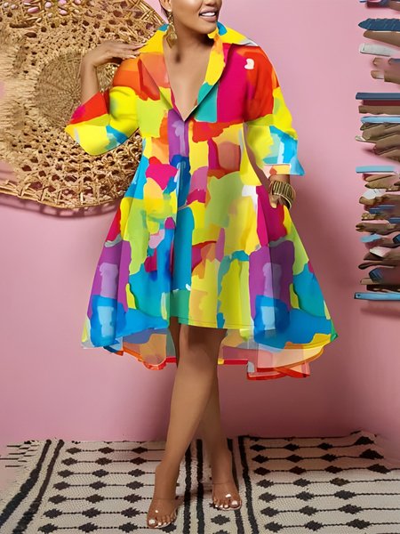 

Casual Random Print Printing Lapel Collar Knee Length Dress, As picture, Midi Dresses