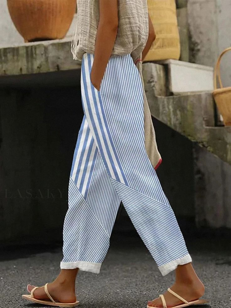 Women's Striped Print Spring Casual Pants, Blue, Pants