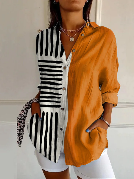 

Women Striped Long Sleeve Shirt Spring/Fall Buckle Shirt Collar Daily Casual Top, As picture, Shirts