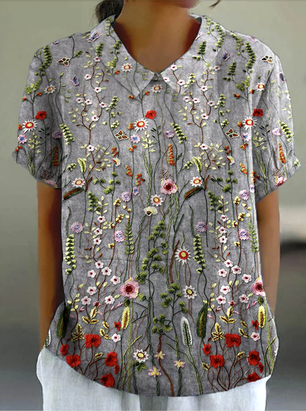 

Shirt Collar Short Sleeve Floral Regular Micro-Elasticity Regular Fit Shirt For Women, Gray, Shirts