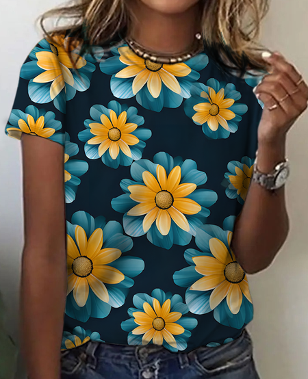 Women's Art Floral Print Cotton T-Shirt, As picture, T-shirts