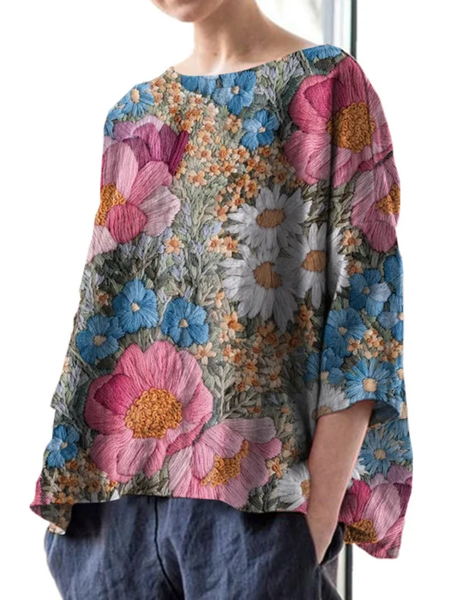 

Vintage Floral Print Crew Neck Three Quarter Sleeve Blouse, As picture, Blouses