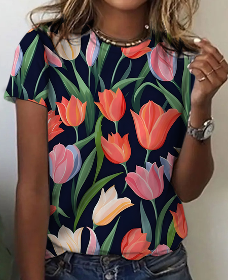 Women's Art Floral Print Cotton T-Shirt, As picture, T-shirts