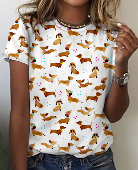 

Women's Cute Dog Watercolor Print Cotton T-Shirt, White, T-shirts