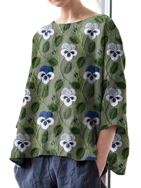 

Vintage Floral Print Crew Neck Three Quarter Sleeve Comfy Blouse, As picture, Blouses