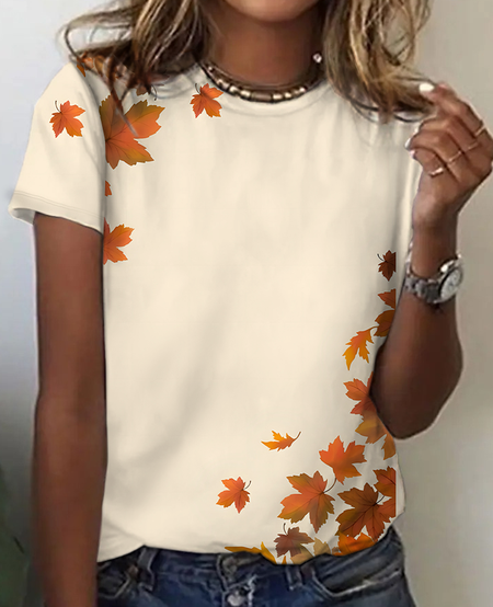 

Ladies Maple Leaf Print Cotton T-Shirt, Apricot, T-shirts