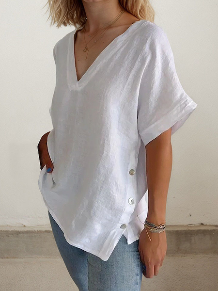 

Linen Casual Plain Side-Slit linen-cotton Blouse, White, Blouses & Shirts