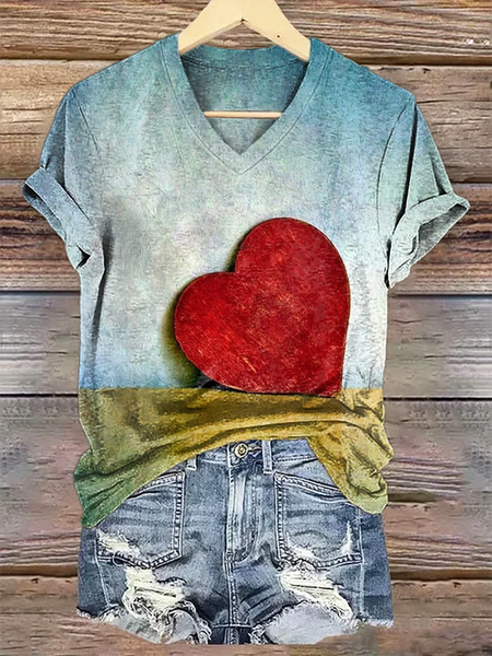Casual Geometric V Neck Short Sleeve T-shirt, As picture, T-shirts