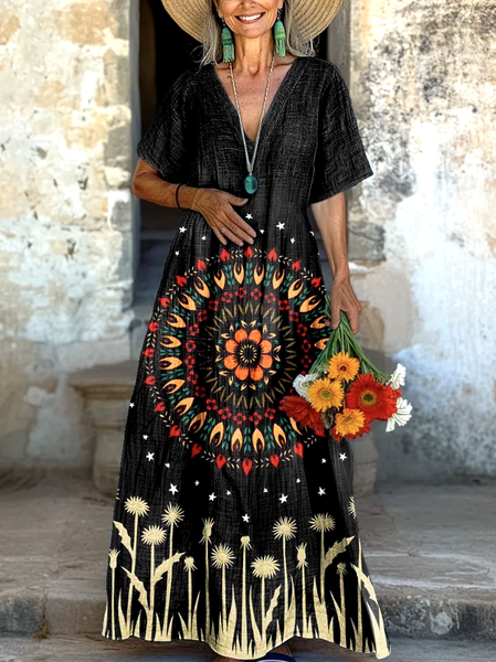 Women Floral V Neck Short Sleeve Comfy Casual Maxi Dress, Black, Maxi