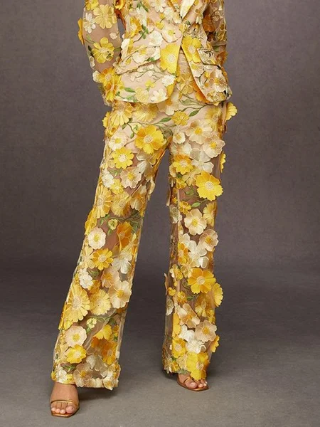 

Elegant Floral Embroidery Pants, Yellow, Pants