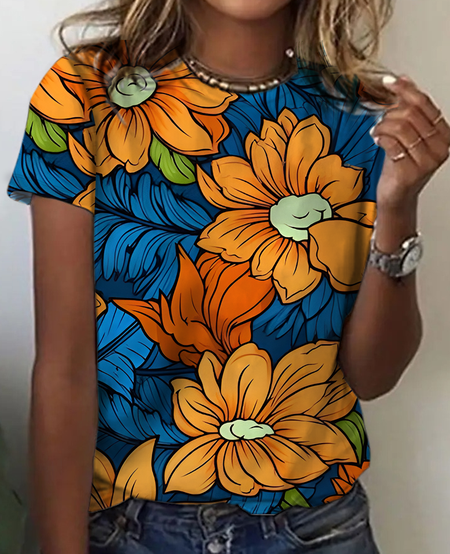 Women's Art Floral Print Cotton T-Shirt, As picture, T-shirts