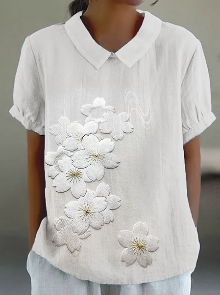 

Women's Floral Print Spring Lapel Short Sleeve Shirt, White, Blouses