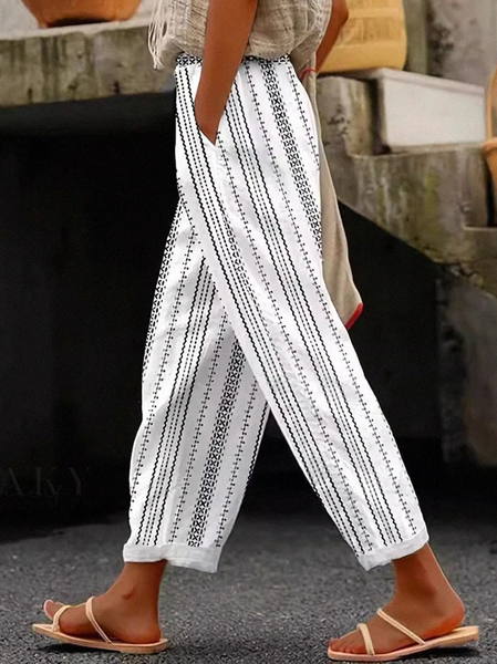 

Women's Striped Print Spring Casual Pants, White, Pants