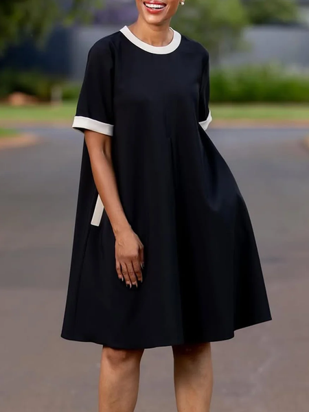 Casual Color Block Split Joint Knee Length Dress, Black, Midi Dresses