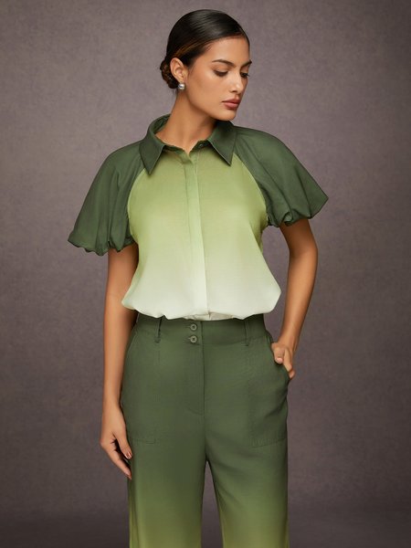 

Casual Ombre Collar Puff Sleeve Shirt, Green, Blouses and Shirts