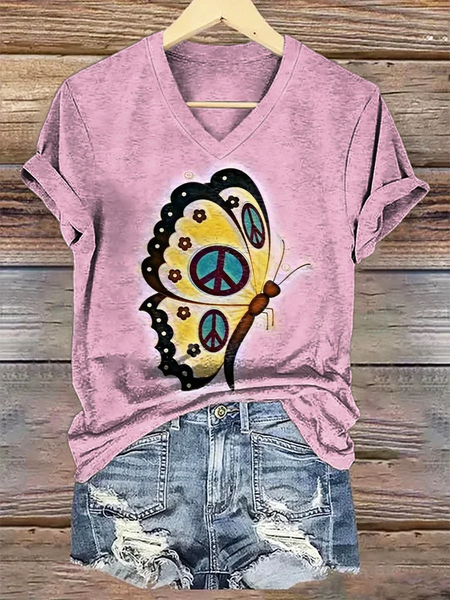 Casual Butterfly V Neck Short Sleeve T-shirt, As picture, T-shirts