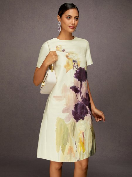 Elegant Floral Printing Crew Neck-Knee Length Dress, As picture, Mini Dresses