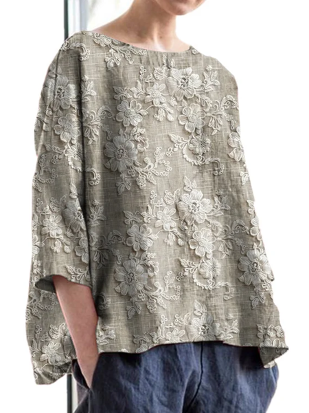 

Vintage Floral Print Crew Neck Three Quarter Sleeve Comfy Blouse, As picture, Blouses