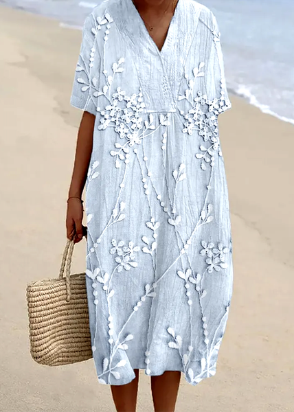 Women Floral V Neck Short Sleeve Comfy Casual Maxi Dress, Light blue, Maxi