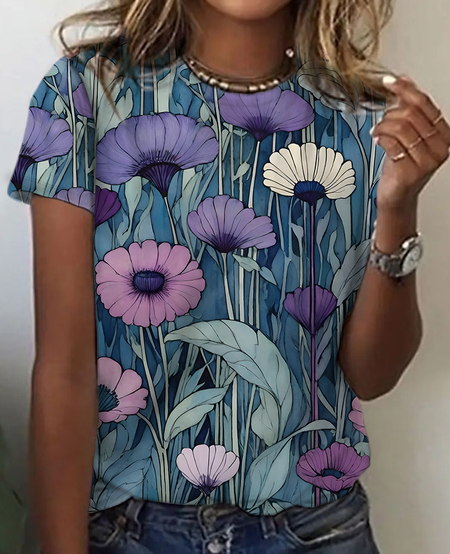

Women's Art Floral Print Cotton T-Shirt花, As picture, T-shirts