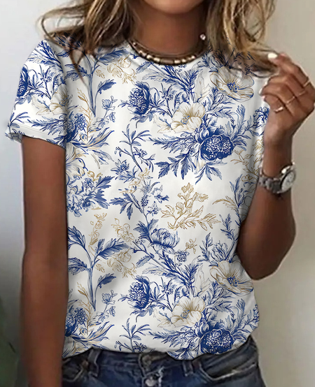 

Women's Art Floral Print Cotton T-Shirt, As picture, T-shirts