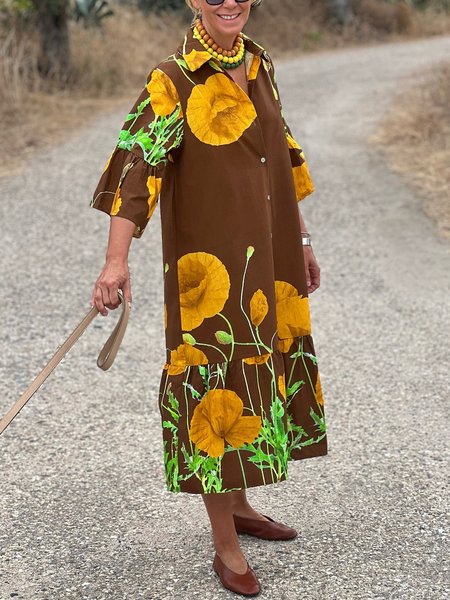 Vacation Floral Printing Shirt Collar Midi Dress, As picture, Maxi Dresses