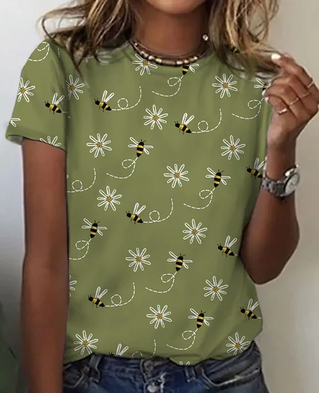 

Women's Floral Bee Art Print Cotton T-Shirt, As picture, T-shirts