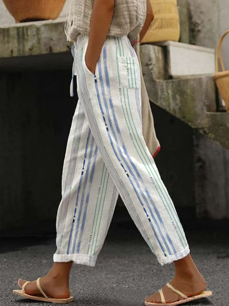 

Women's Striped Print Spring Casual Pants, White, Pants
