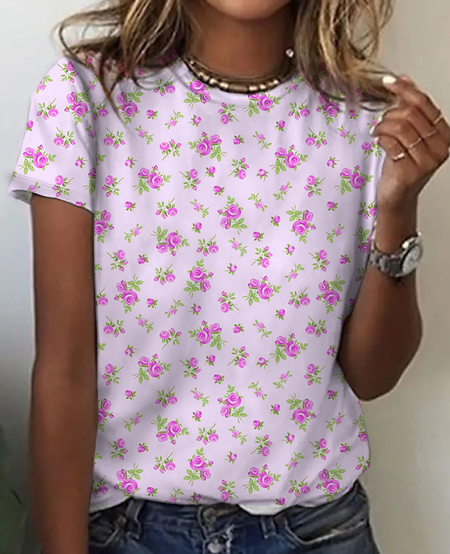 

Women's Art Floral Print Cotton T-Shirt, As picture, T-shirts