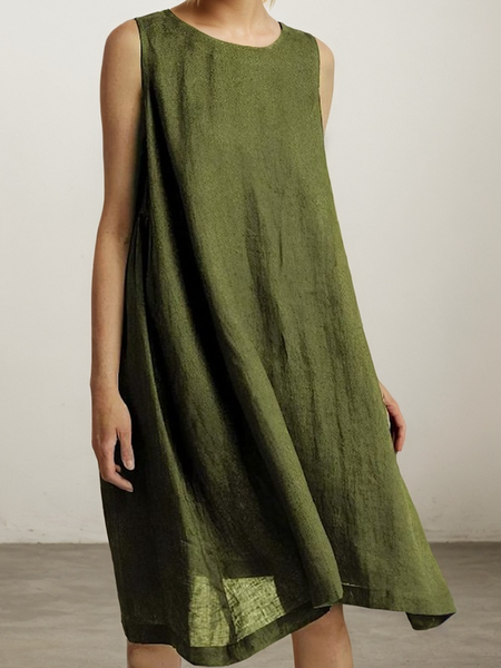 

Vacation Plain Crew Neck Mini linen-cotton Dress, Darkgreen, Mini Dresses