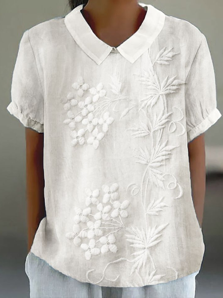 Women's Floral Print Spring Lapel Short Sleeve Shirt, White, Blouses