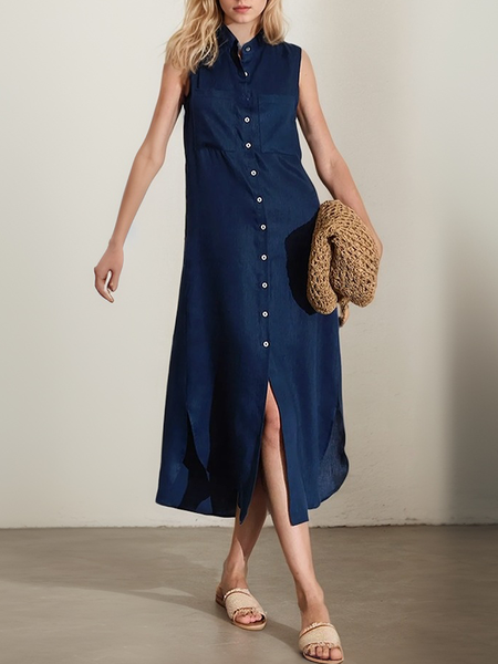 Casual Plain Stand Collar linen-cotton Maxi Dress, Deep blue, Maxi Dresses