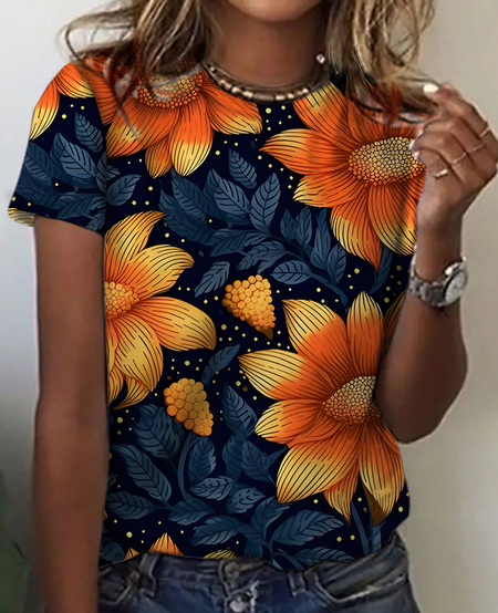 Women's Art Floral Print Cotton T-Shirt, As picture, T-shirts
