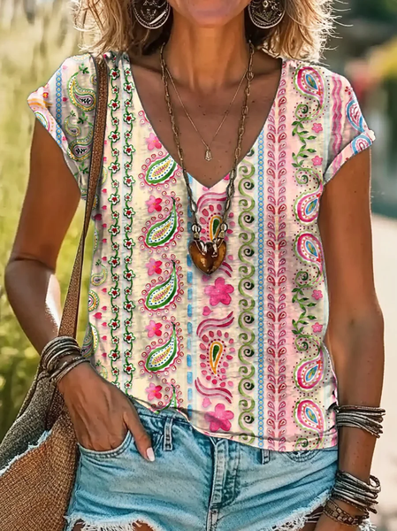 

Casual Paisley V Neck Short Sleeve T-shirt, As picture, T-shirts