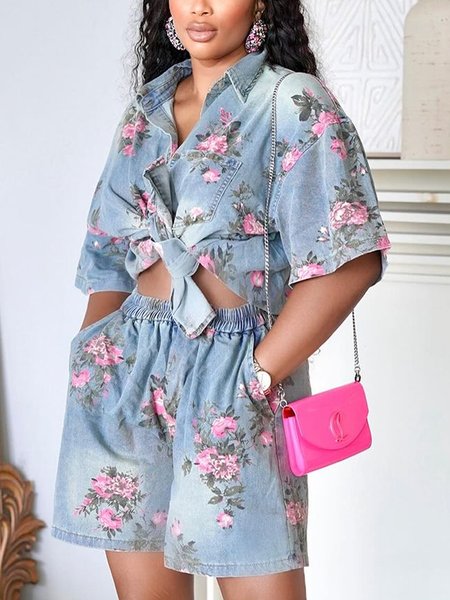 Denim Casual Floral Printing Loosen Shirt, Denim blue, Blouses and Shirts