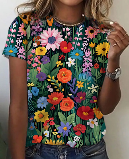 

Women's Art Floral Print Cotton T-Shirt, As picture, T-shirts
