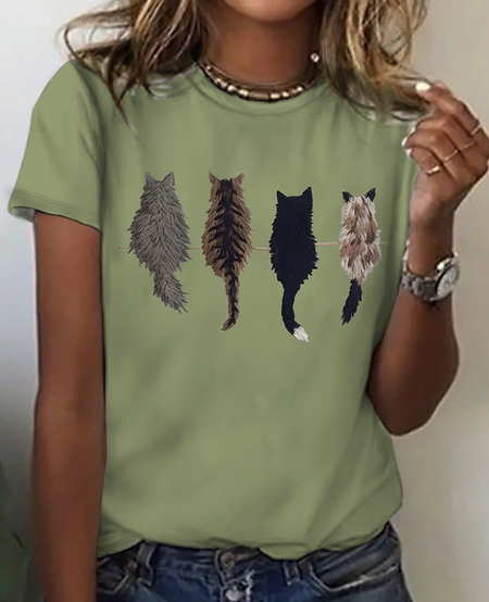 

Women's Cute Cat Back Print Cotton T-Shirt, As picture, T-shirts