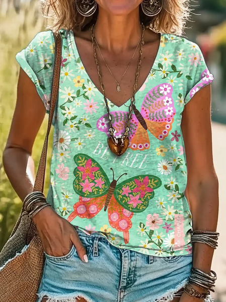 Casual Butterfly V Neck Short Sleeve T-shirt, As picture, T-shirts