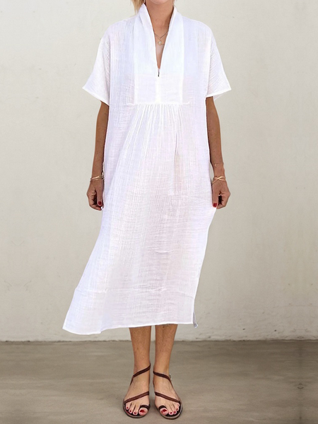 

Vacation Plain V Neck linen-cotton Midi Dress, Off white, Maxi Dresses