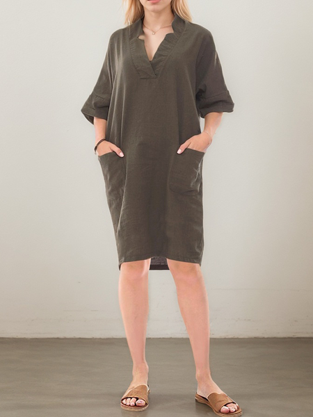 

Casual Plain V Neck linen-cotton Knee Length Dress, Army green, Maxi Dresses