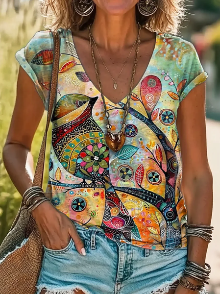 Casual Paisley V Neck Short Sleeve T-shirt, As picture, T-shirts