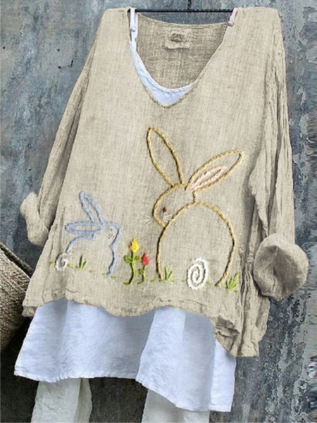 

Vintage Easter Cute Bunny Pattern V Neck Long Sleeve T-shirt, As picture, T-shirts