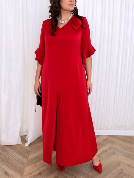 Satin Elegant Plain Ruffle Sleeve 3D Floral V Neck Maxi Dress, Red, Maxi Dresses