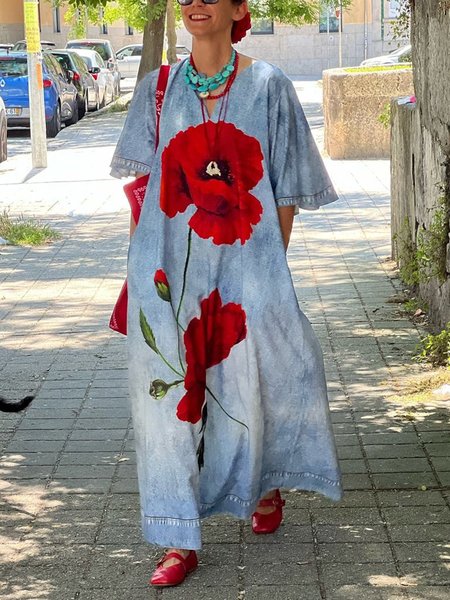 Pocket Stitching Loose Casual Floral Denim Maxi Dress, Denim blue, Maxi Dresses