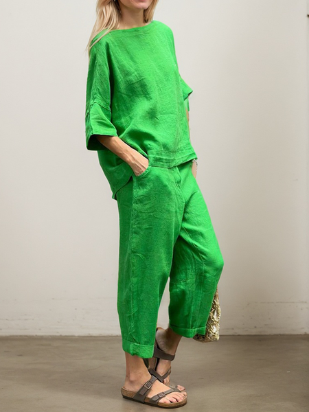 Casual Plain Crew Neck Two-Piece linen-cotton Set, Green, Suits