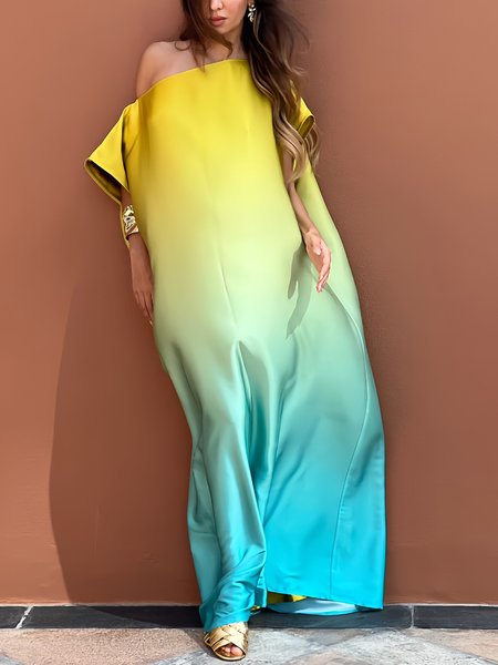 

Vacation Ombre Printing Cold Shoulder Maxi Dress, As picture, Maxi Dresses